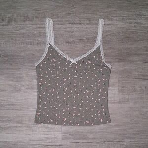 H&M Olive Floral Cami with Lace Trim